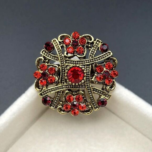 Yellow Gold with Ruby Red and Garnet Red Crystal Flower Pin Back Brooch - Picture 2 of 7